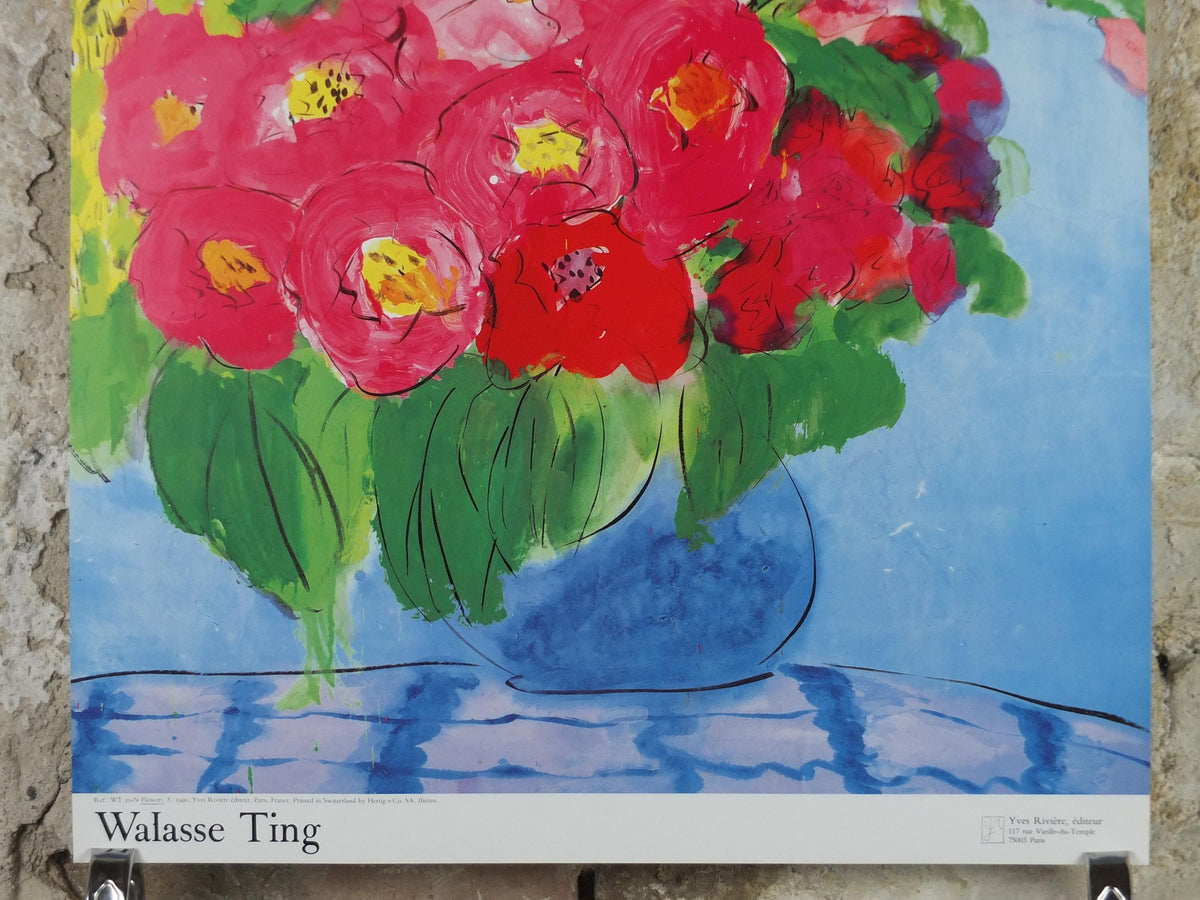 1990 Walasse Ting Poster, Flowers, vibrant blooms in a blue vase, colourful popular figuratism, pop art, gallery exhibition, wall art decor