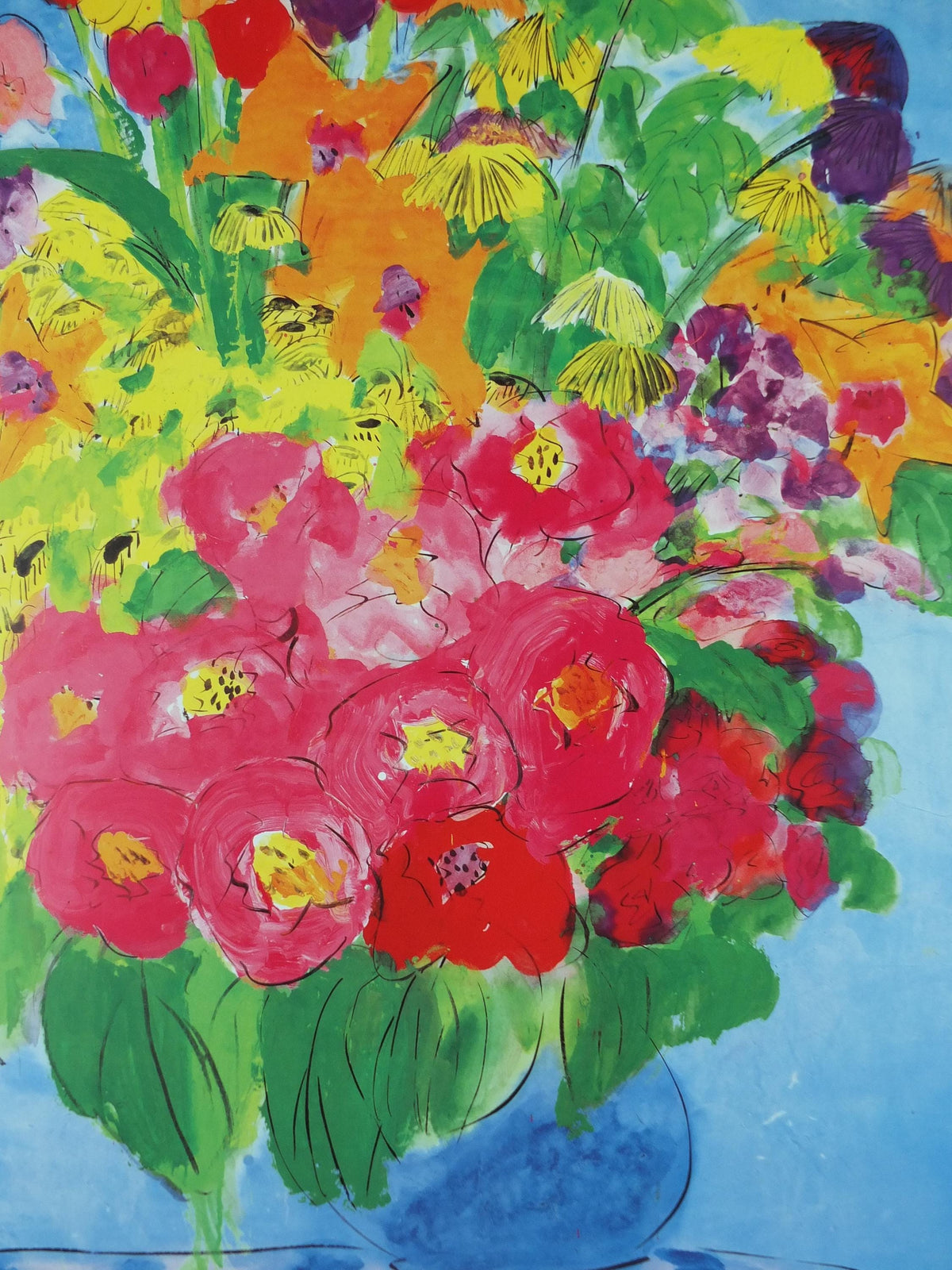 1990 Walasse Ting Poster, Flowers, vibrant blooms in a blue vase, colourful popular figuratism, pop art, gallery exhibition, wall art decor
