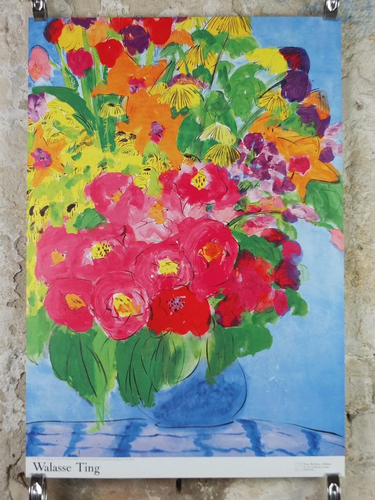 1990 Walasse Ting Poster, Flowers, vibrant blooms in a blue vase, colourful popular figuratism, pop art, gallery exhibition, wall art decor