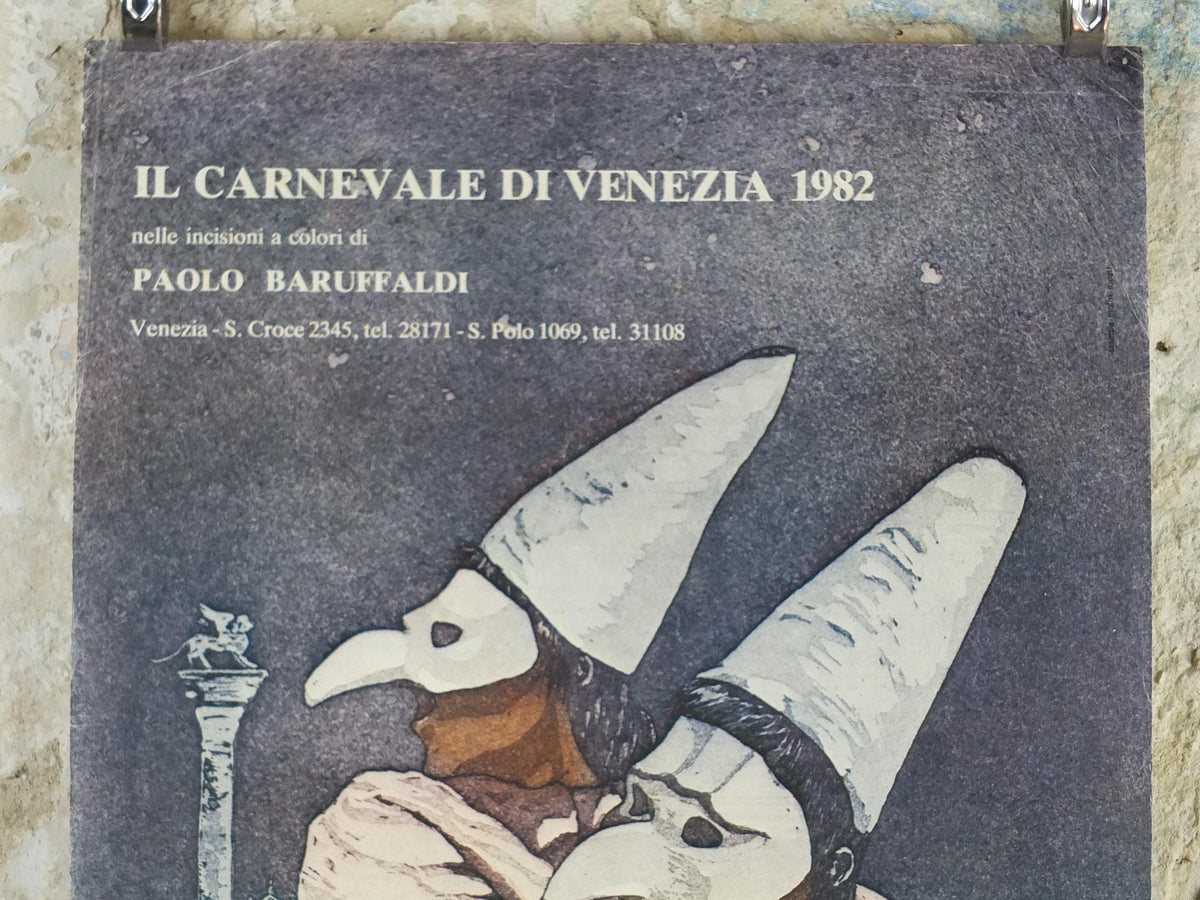1982 Venice Carnival Poster, Masks and hats, plague doctor, Il Carnival di Venezia, Paolo Baruffaldi, Medico della Peste, wall art decor