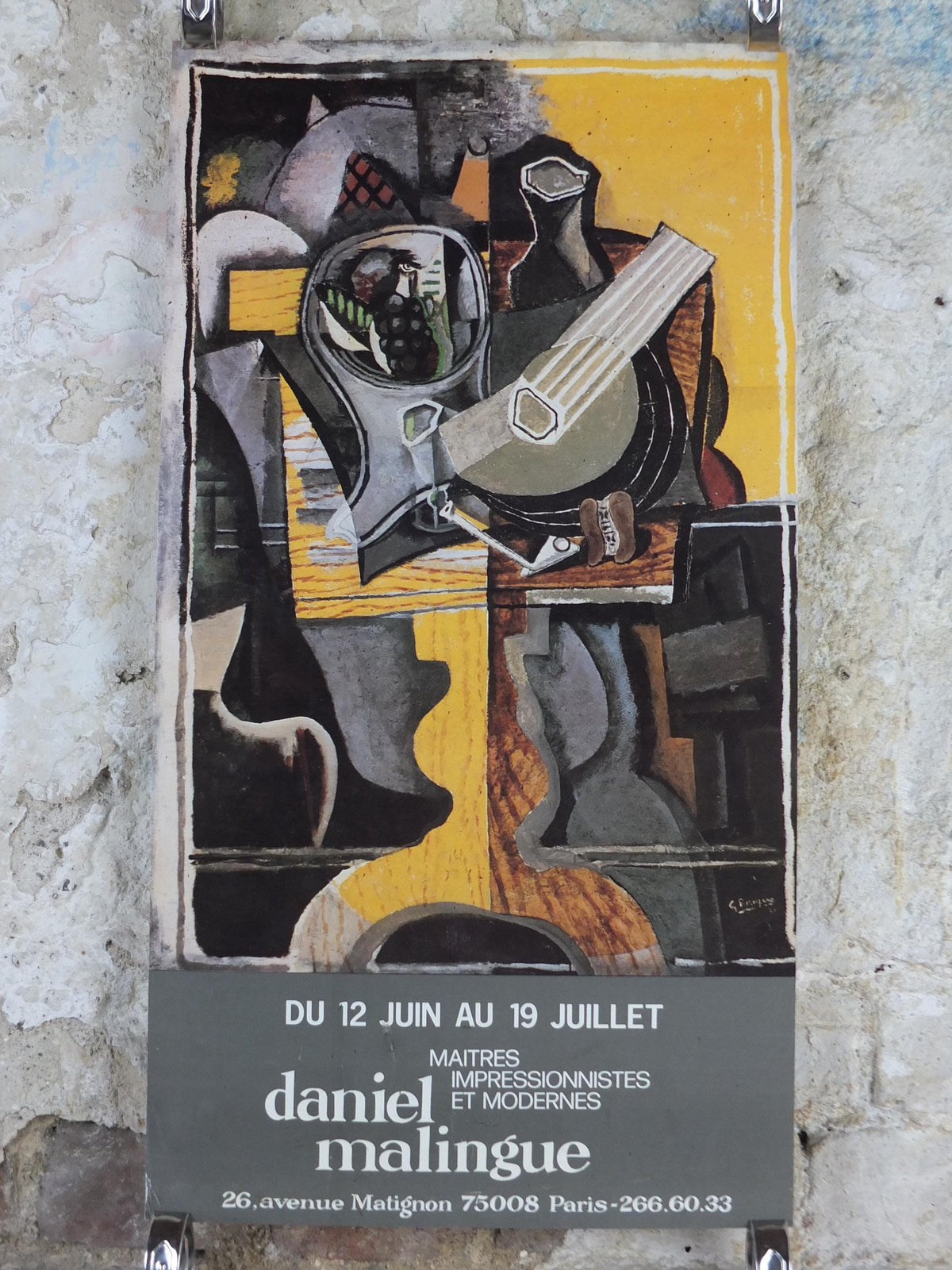 1970s Georges Braque Poster, Still life with fruit & guitar, Daniel Malingue Paris, Cubism, Fauvism, gallery exhibition, wall art decor