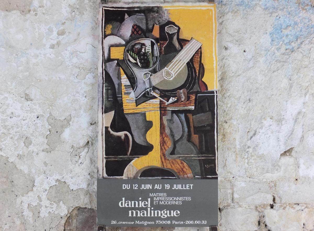 1970s Georges Braque Poster, Still life with fruit & guitar, Daniel Malingue Paris, Cubism, Fauvism, gallery exhibition, wall art decor