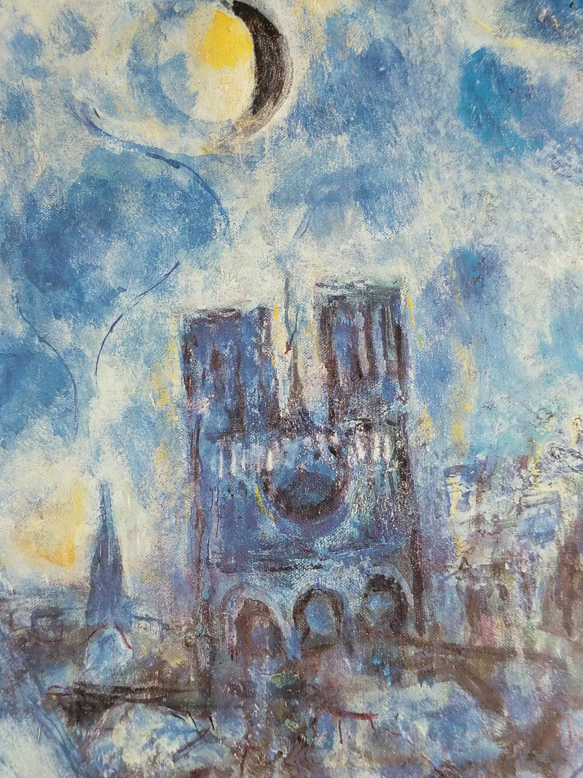1986 Marc Chagall Poster, Self Portrait with bride and rooster, Paris at night, Seine, Notre Dame, Cubism Expressionism, wall art decor