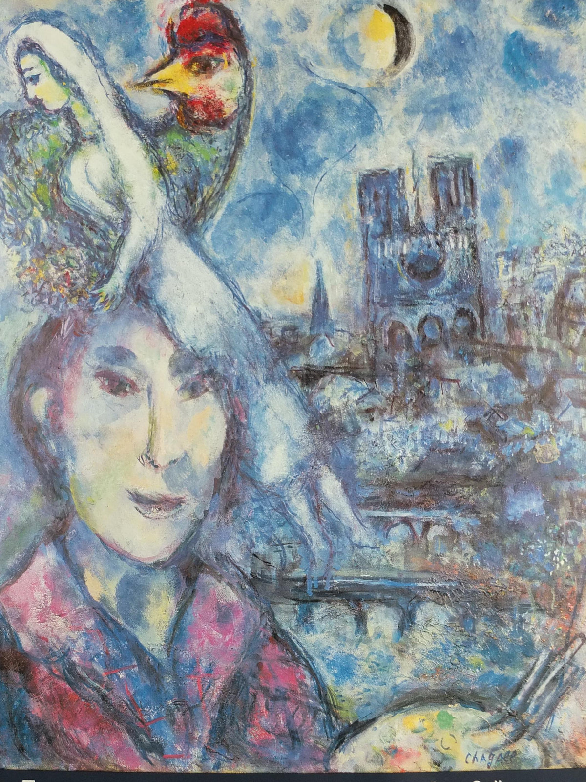 1986 Marc Chagall Poster, Self Portrait with bride and rooster, Paris at night, Seine, Notre Dame, Cubism Expressionism, wall art decor