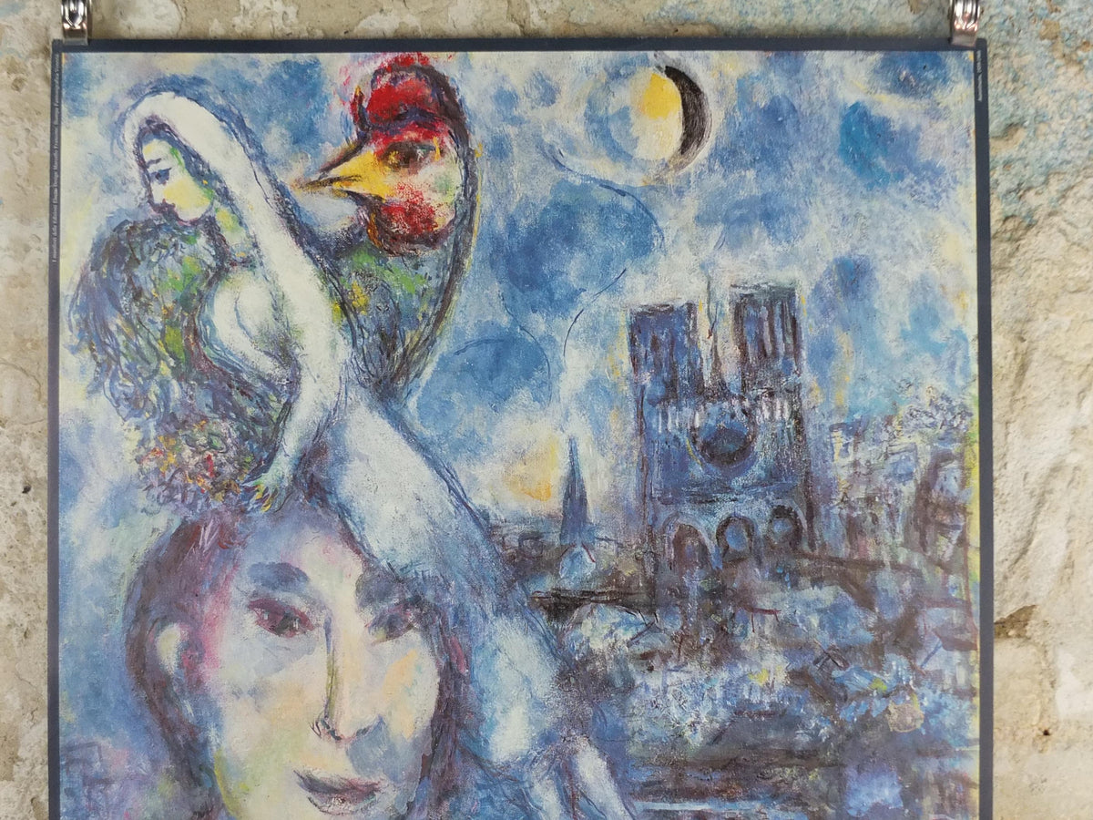 1986 Marc Chagall Poster, Self Portrait with bride and rooster, Paris at night, Seine, Notre Dame, Cubism Expressionism, wall art decor