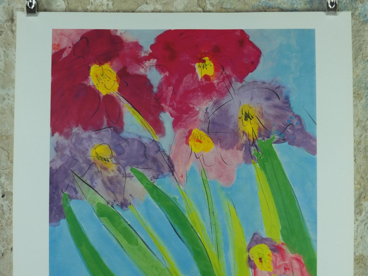 1995 Walasse Ting Poster, Six Irises, 6 colourful flowers, 6 iris, colourful popular figuratism, pop art, gallery exhibition, wall art decor