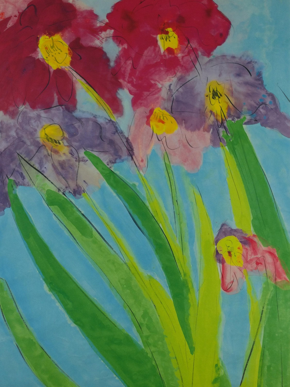 1995 Walasse Ting Poster, Six Irises, 6 colourful flowers, 6 iris, colourful popular figuratism, pop art, gallery exhibition, wall art decor