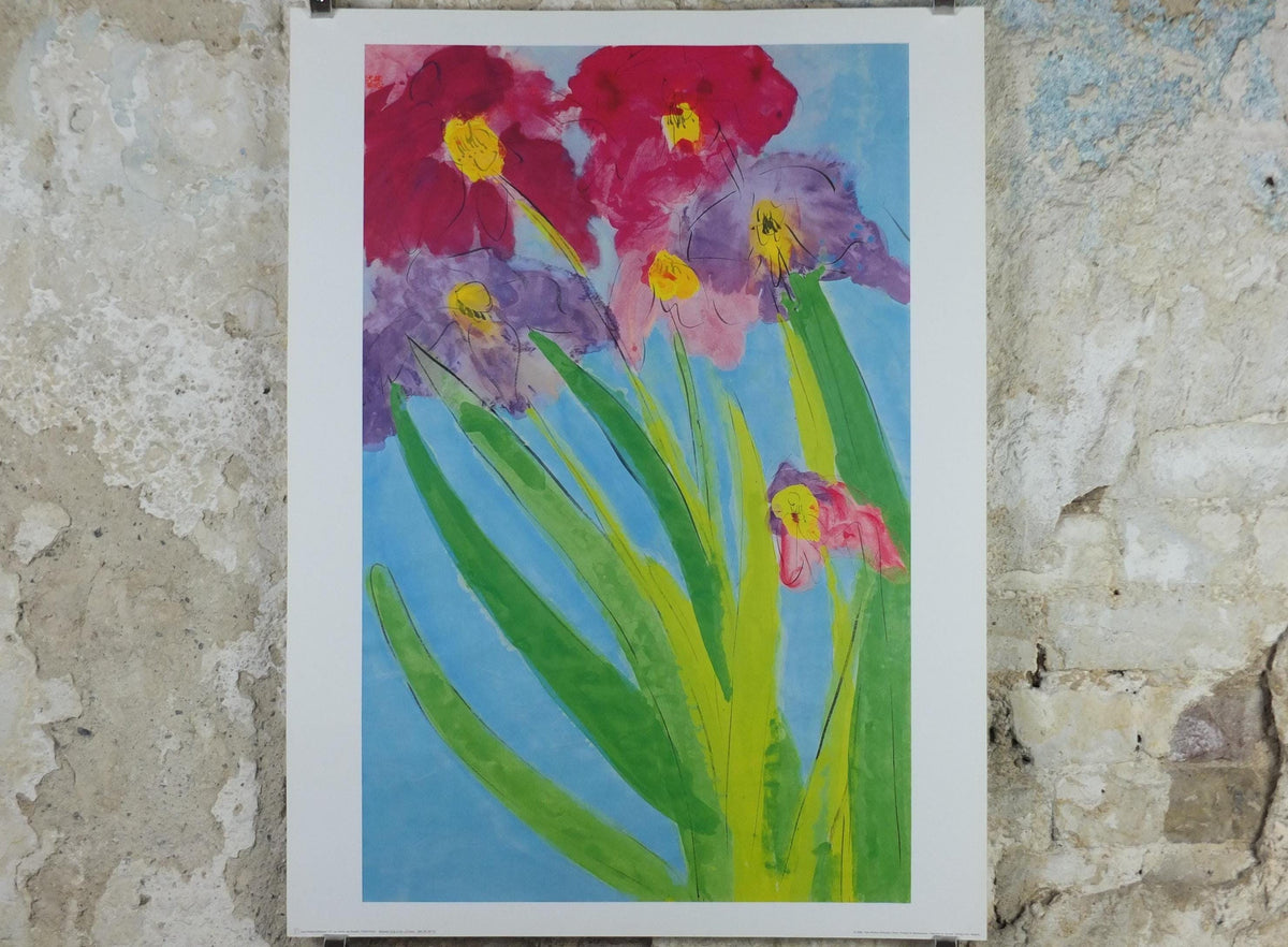 1995 Walasse Ting Poster, Six Irises, 6 colourful flowers, 6 iris, colourful popular figuratism, pop art, gallery exhibition, wall art decor