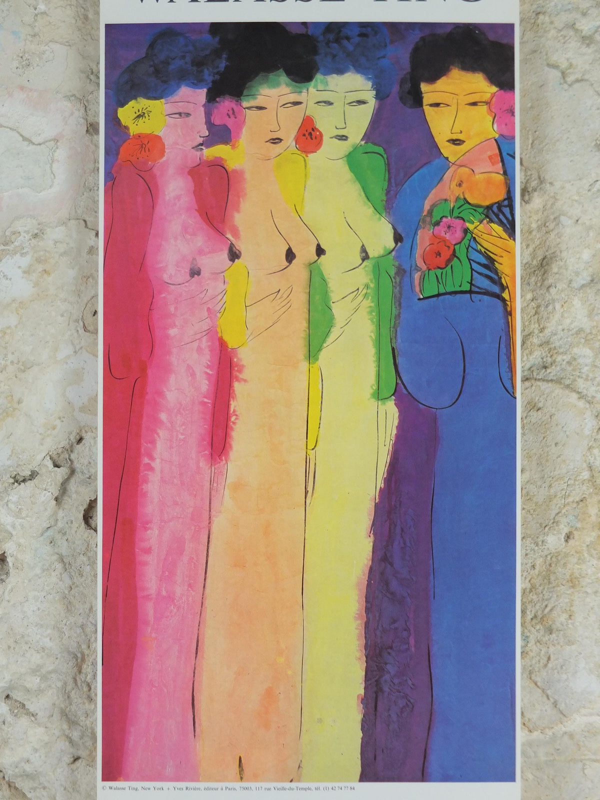 1986 Walasse Ting Poster, Four colourful women with flowers, colourful popular figuratism, pop art, gallery, wall art decor
