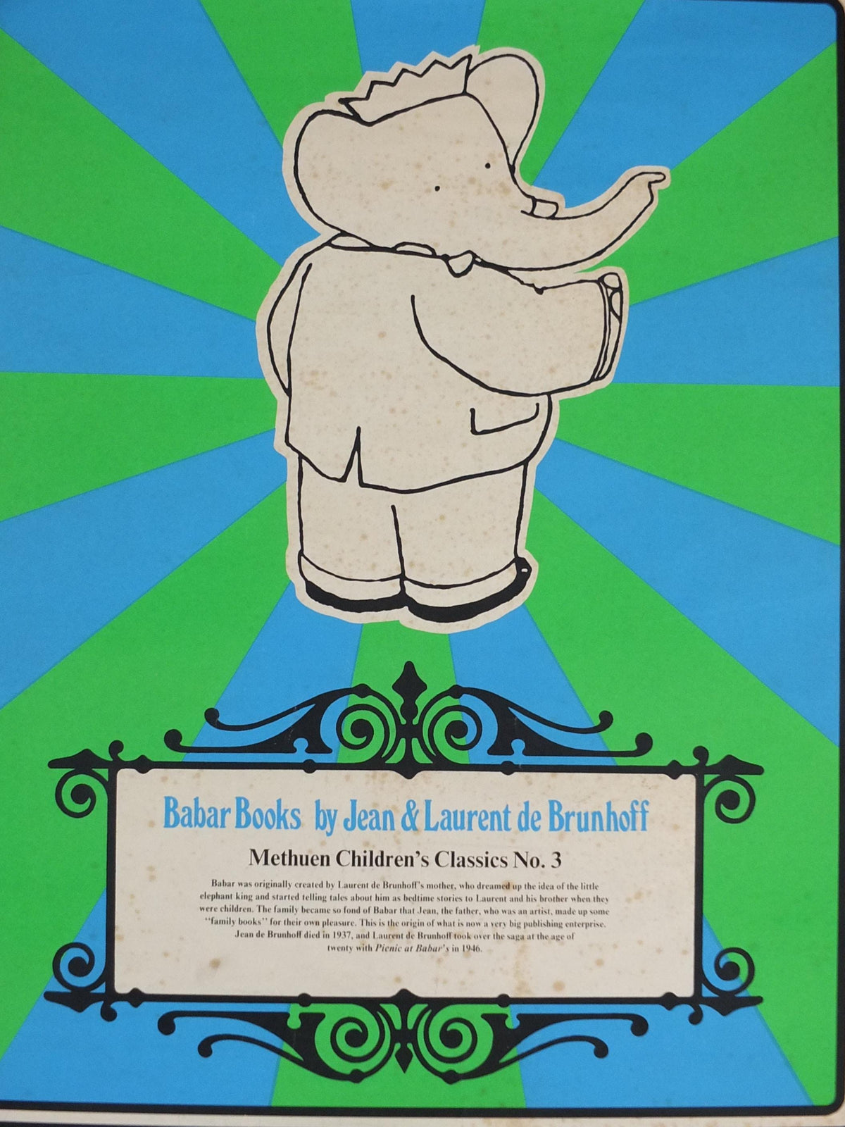 1986 Babar Poster, Methuen Childrens Classics No 3, elephants in blue and green, French cartoon and comic for children, print wall art decor