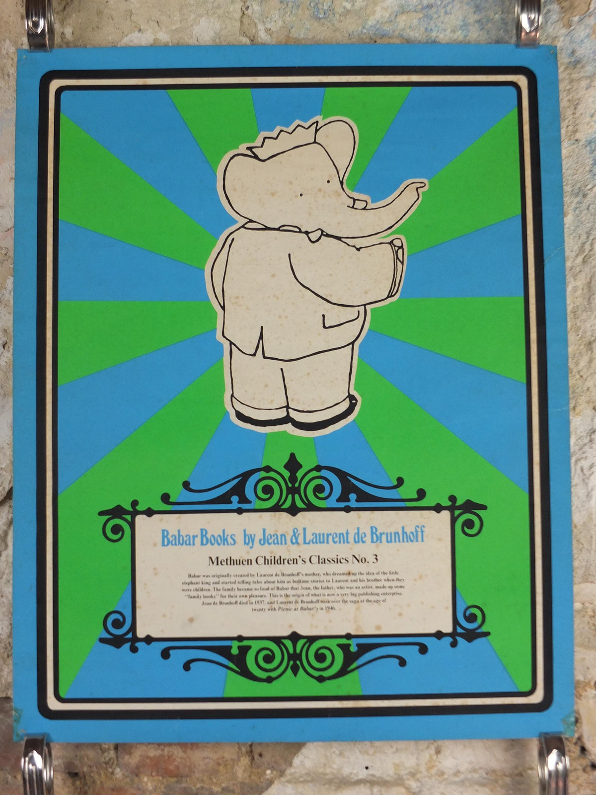 1986 Babar Poster, Methuen Childrens Classics No 3, elephants in blue and green, French cartoon and comic for children, print wall art decor