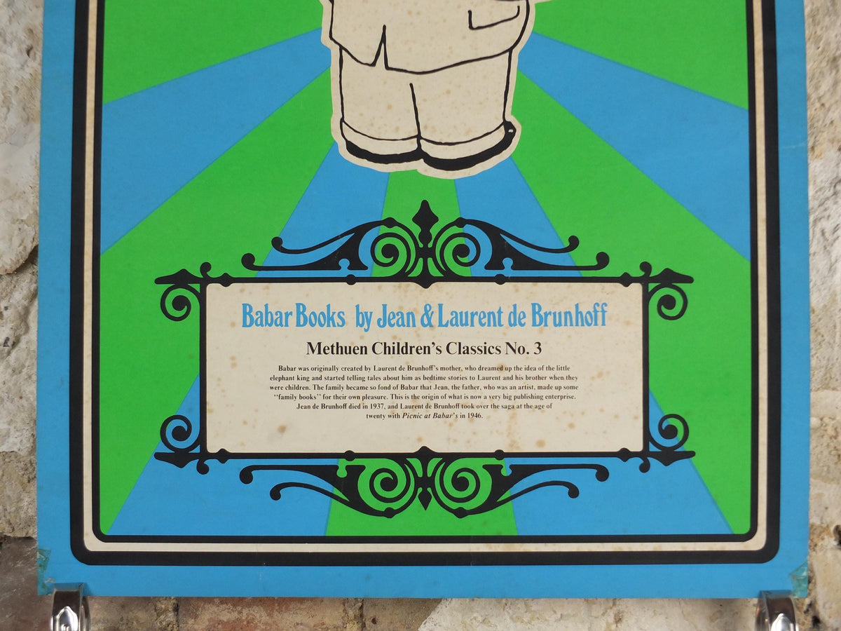1986 Babar Poster, Methuen Childrens Classics No 3, elephants in blue and green, French cartoon and comic for children, print wall art decor