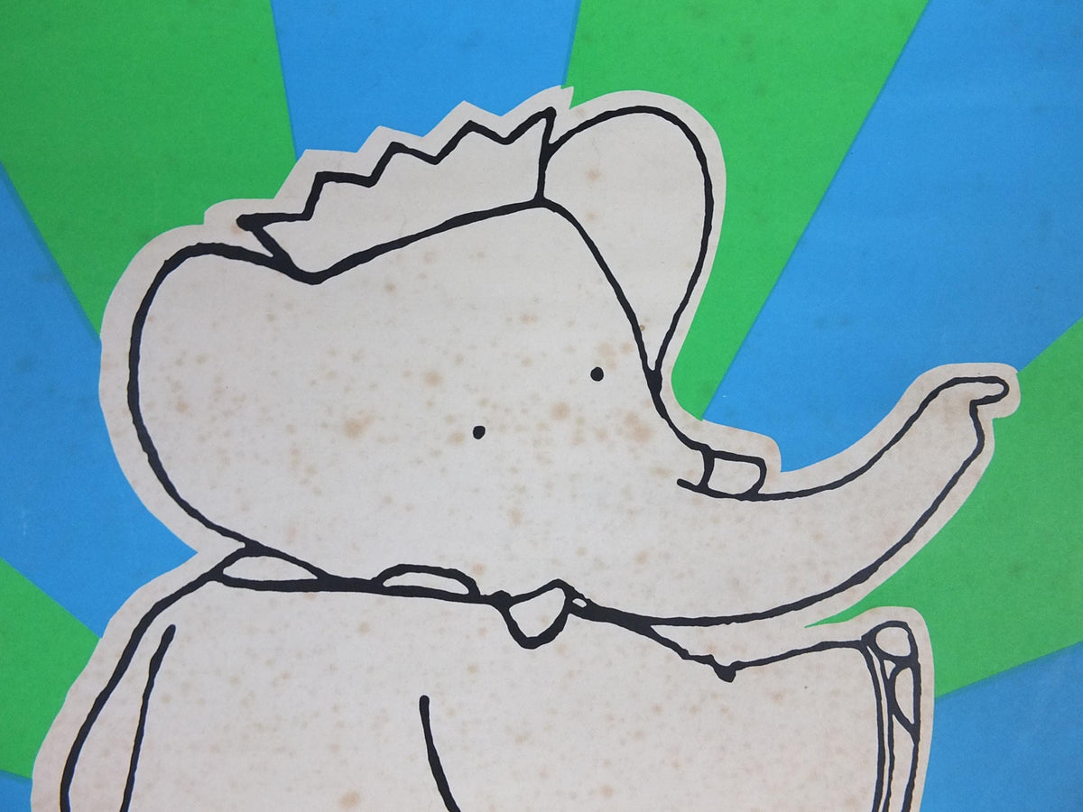 1986 Babar Poster, Methuen Childrens Classics No 3, elephants in blue and green, French cartoon and comic for children, print wall art decor