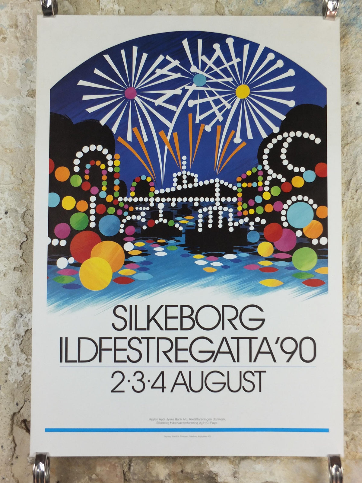 1990 Fire Festival Silkeborg Poster, Lights and Fireworks, Ildfestregatta, colourful Danish wall art decor