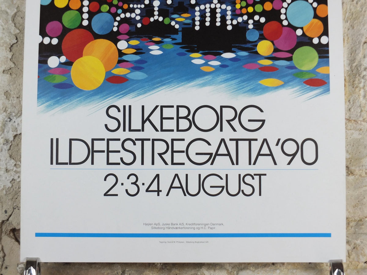 1990 Fire Festival Silkeborg Poster, Lights and Fireworks, Ildfestregatta, colourful Danish wall art decor