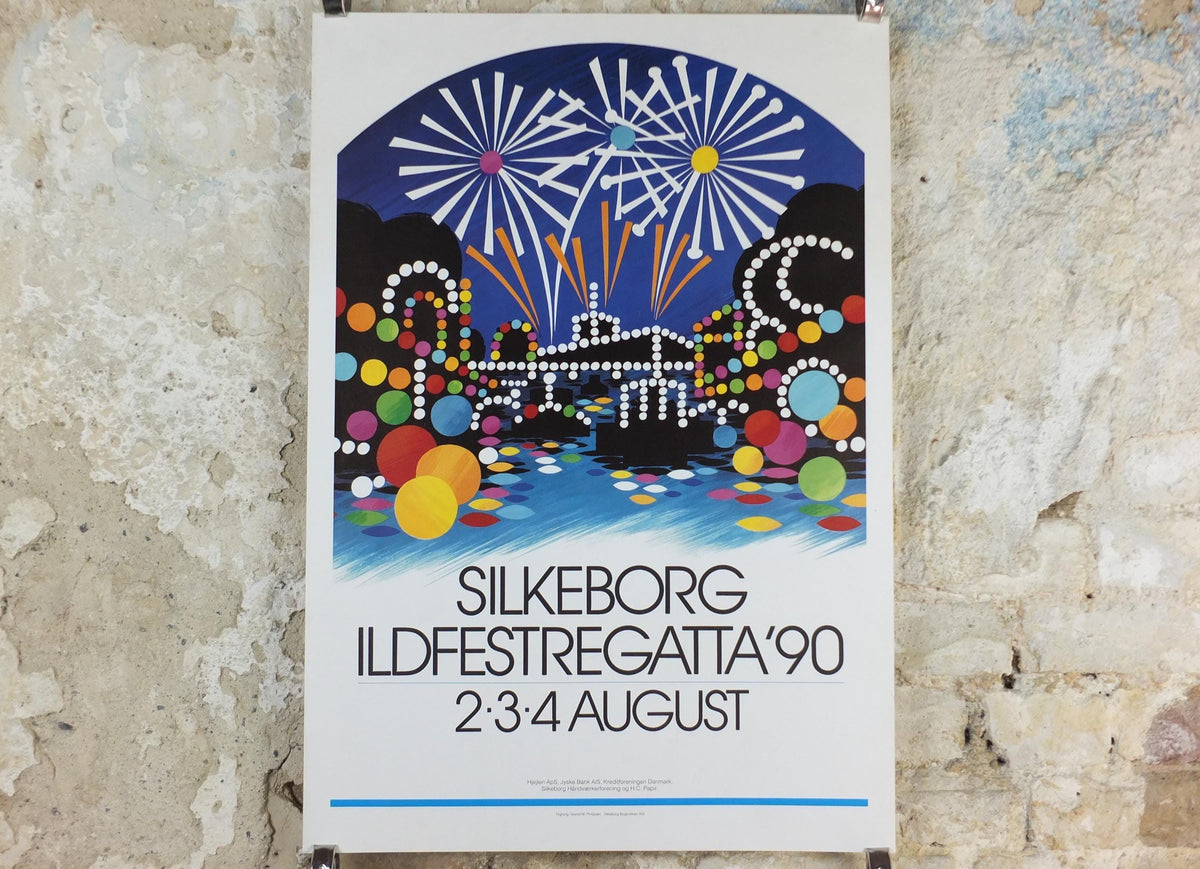 1990 Fire Festival Silkeborg Poster, Lights and Fireworks, Ildfestregatta, colourful Danish wall art decor