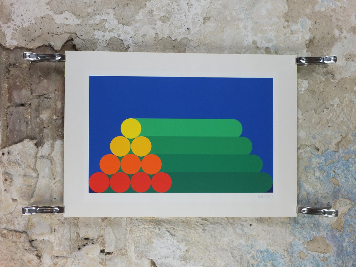 Hand signed Per Arnoldi Poster, 1983 Coloured Cylinders and Circles, Scandinavian Danish Design, wall art decor