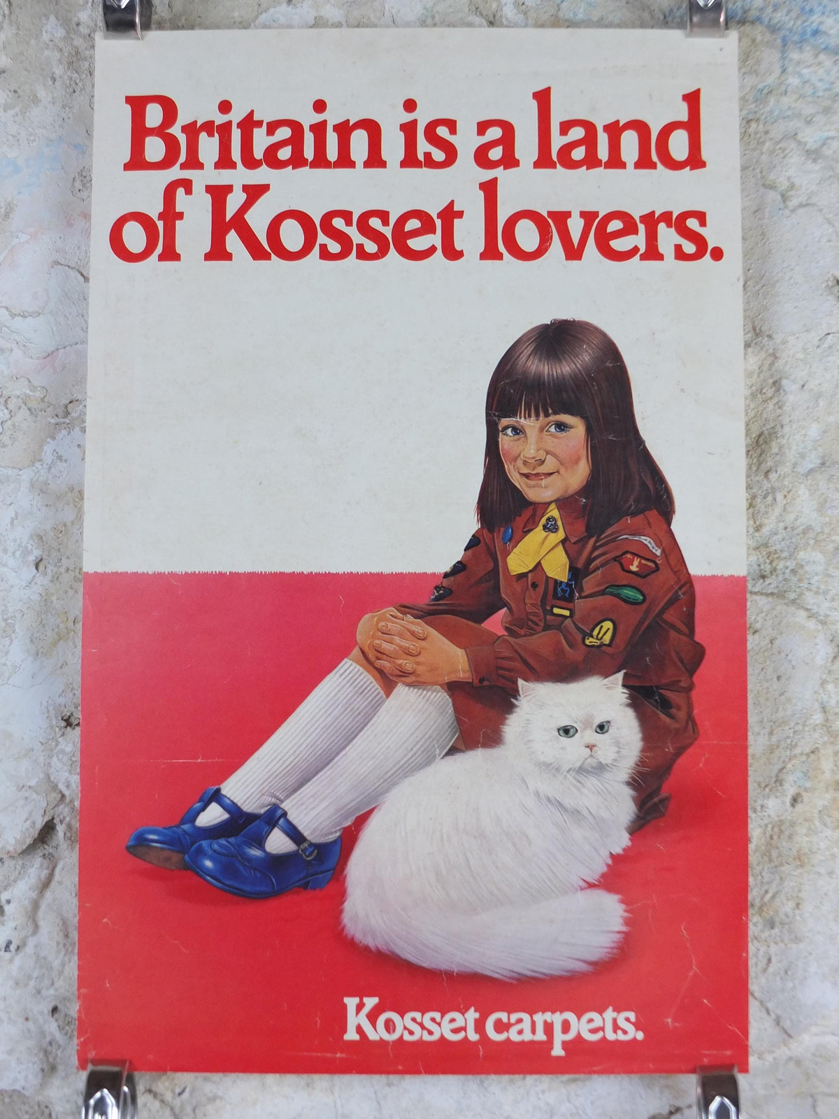 1970s Kosset Carpets Poster, Persian Cat with Brownies / Girl Guide / Rainbows, wall art retro decor