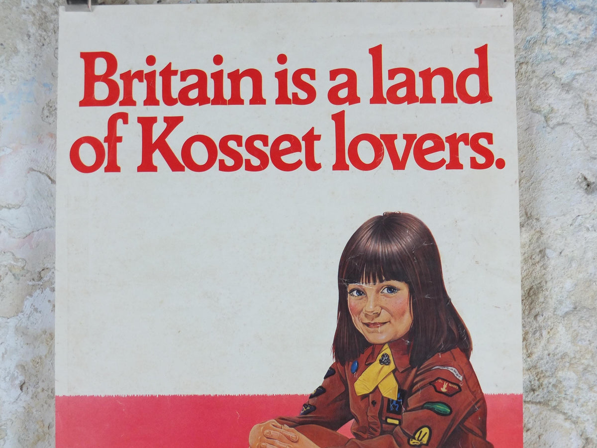 1970s Kosset Carpets Poster, White Persian Cat with Brownies / Girl Guide / Rainbows, wall art retro decor