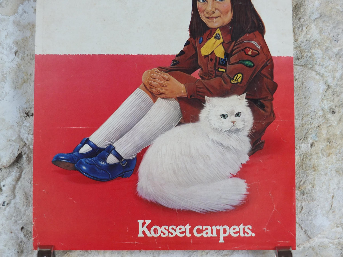 1970s Kosset Carpets Poster, White Persian Cat with Brownies / Girl Guide / Rainbows, wall art retro decor