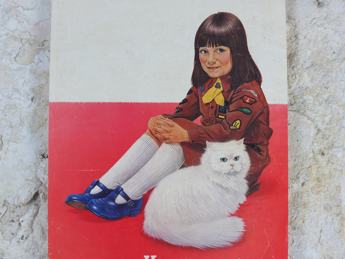1970s Kosset Carpets Poster, White Persian Cat with Brownies / Girl Guide / Rainbows, wall art retro decor