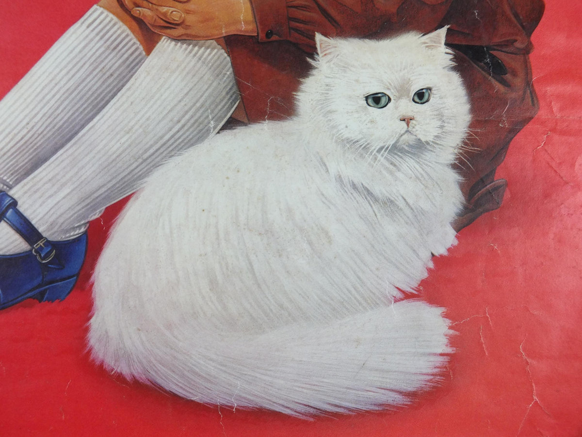 1970s Kosset Carpets Poster, White Persian Cat with Brownies / Girl Guide / Rainbows, wall art retro decor