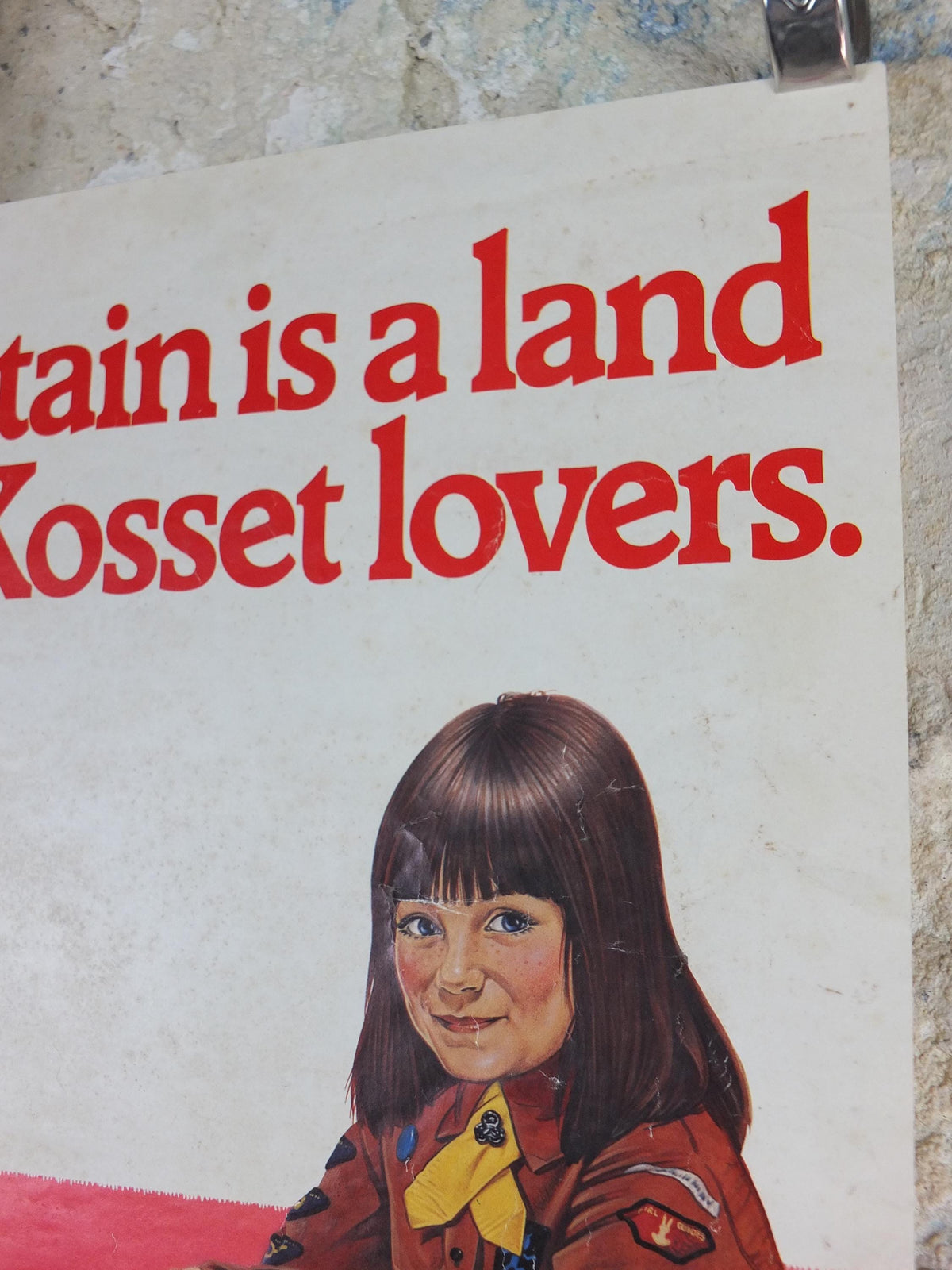 1970s Kosset Carpets Poster, White Persian Cat with Brownies / Girl Guide / Rainbows, wall art retro decor