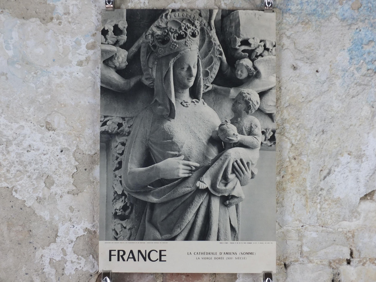 1960s Amiens Cathedral Poster, Mary and baby Jesus statue, France, travel wall art decor