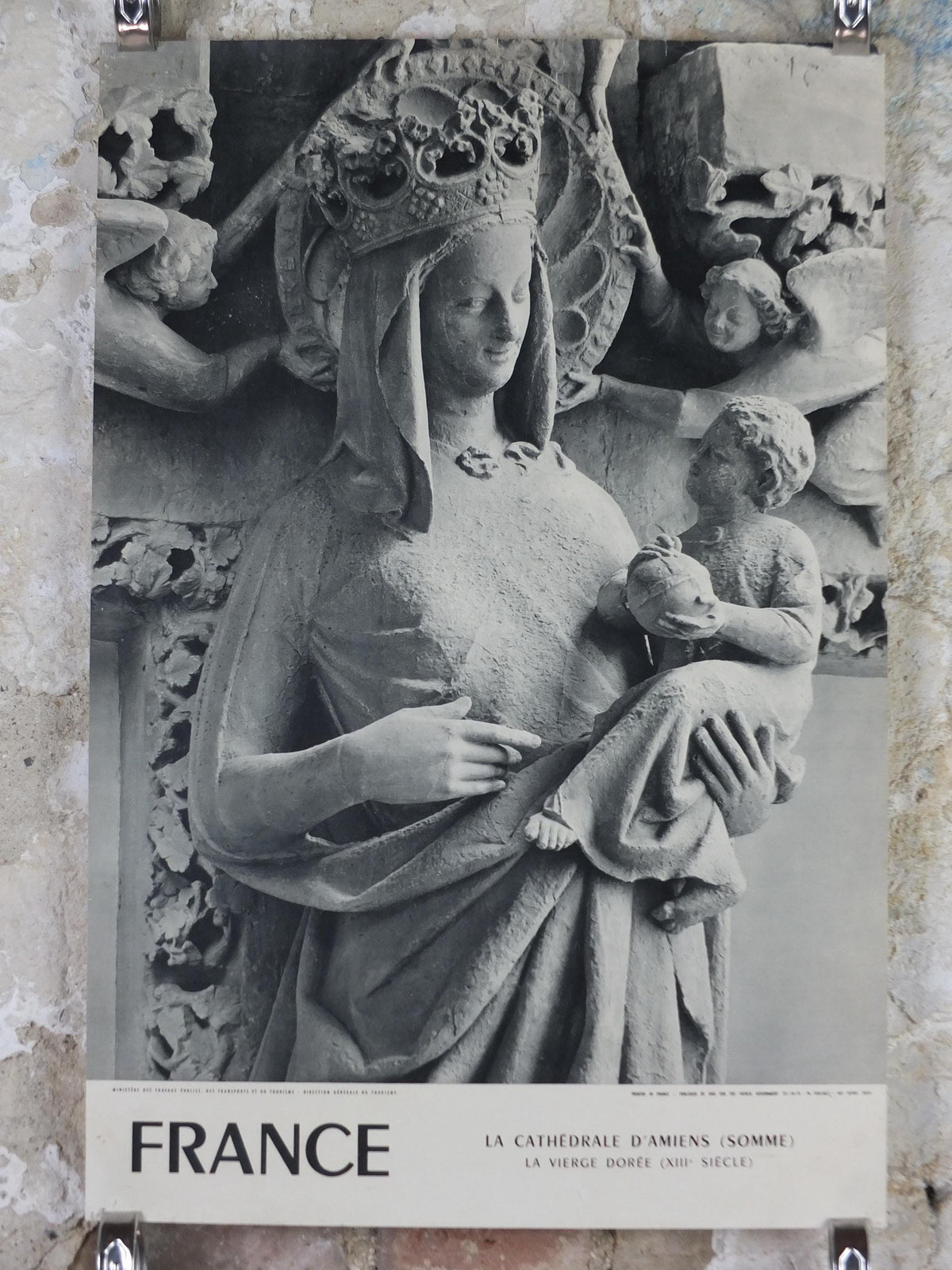 1960s Amiens Cathedral Poster, Mary and baby Jesus statue, France, travel wall art decor