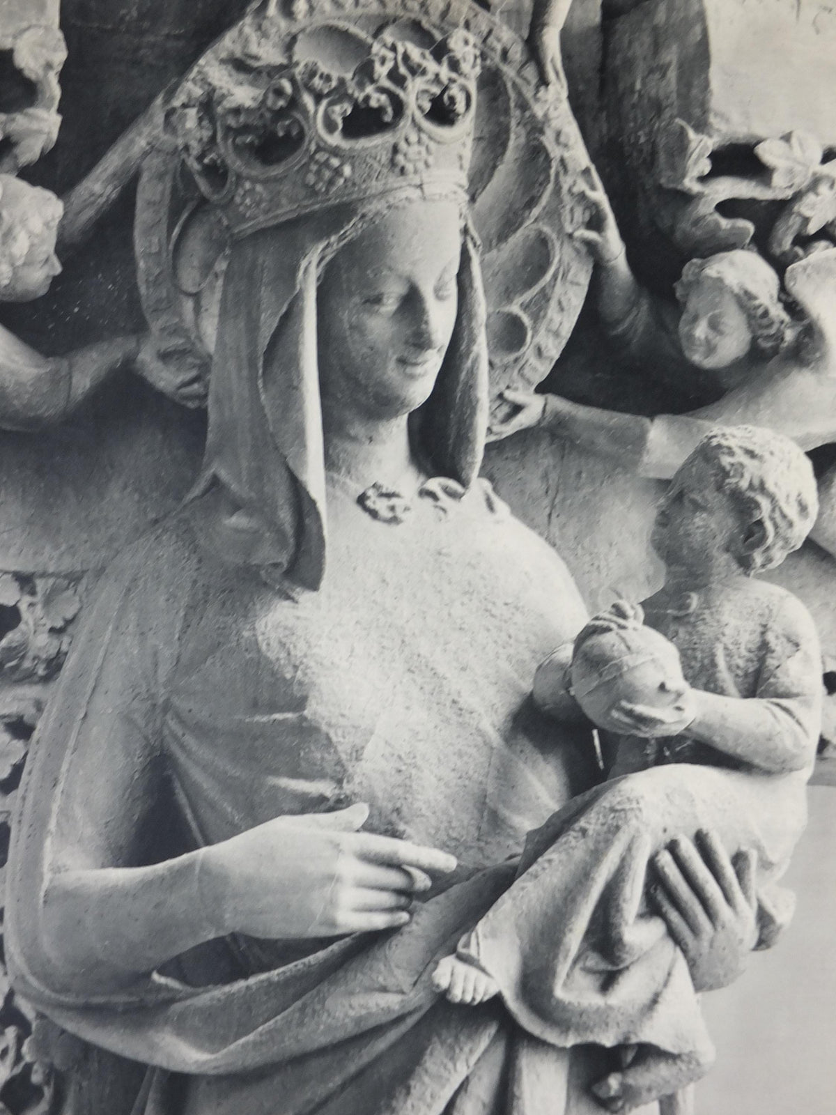 1960s Amiens Cathedral Poster, Mary and baby Jesus statue, France, travel wall art decor