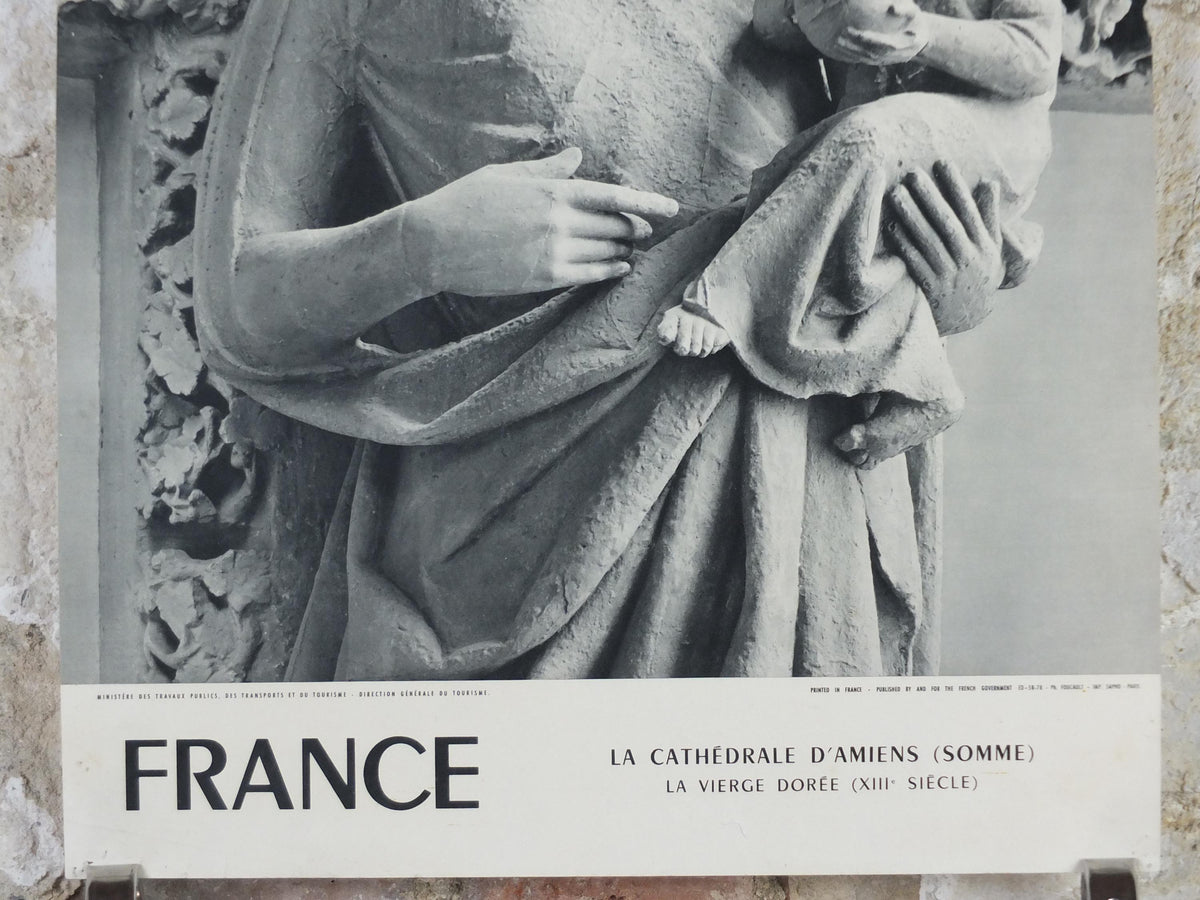 1960s Amiens Cathedral Poster, Mary and baby Jesus statue, France, travel wall art decor