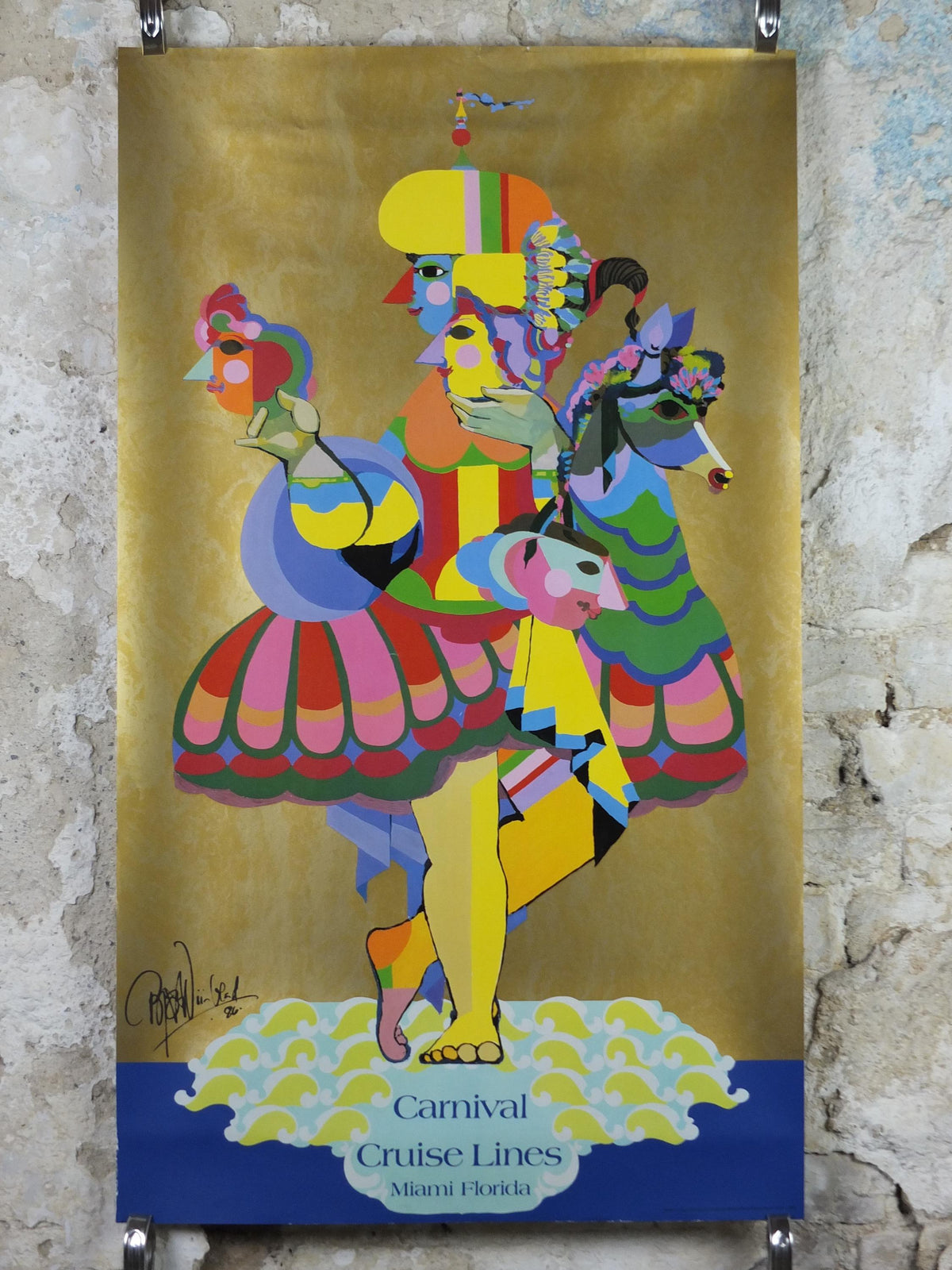 1986 Bjørn Wiinblad Poster, Carnival Cruise Lines Miami Florida, metallic gold, mask and masquerade Danish Design, wall art decor