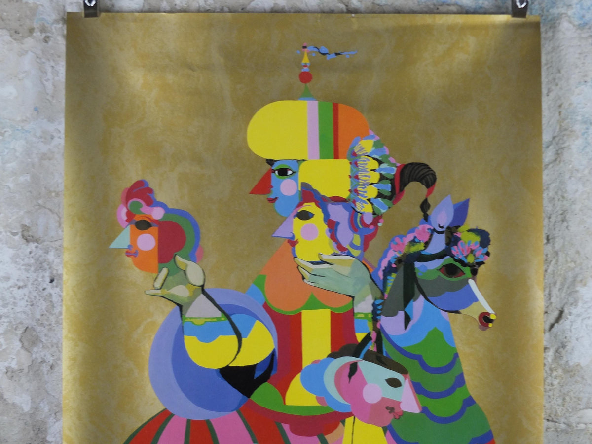 1986 Bjørn Wiinblad Poster, Carnival Cruise Lines Miami Florida, metallic gold, mask and masquerade Danish Design, wall art decor