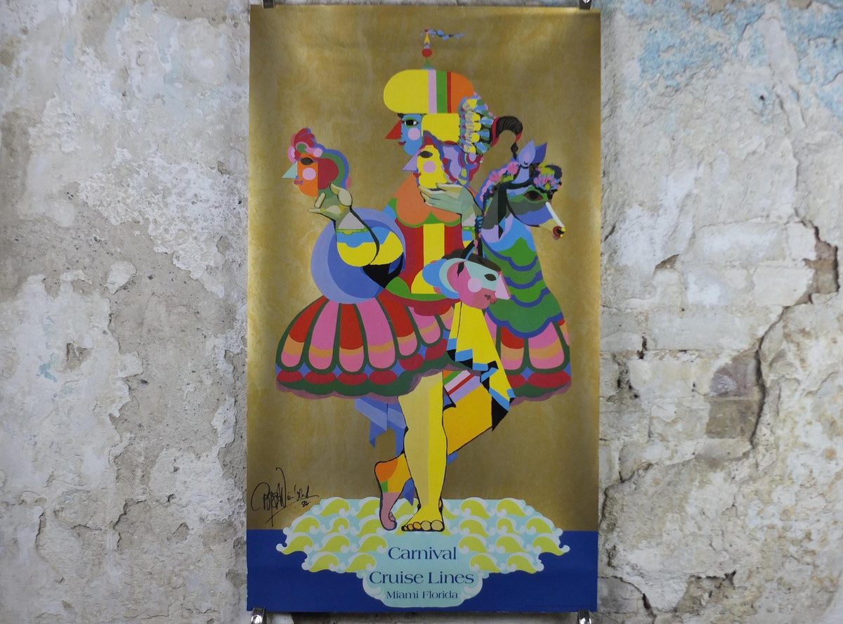 1986 Bjørn Wiinblad Poster, Carnival Cruise Lines Miami Florida, metallic gold, mask and masquerade Danish Design, wall art decor