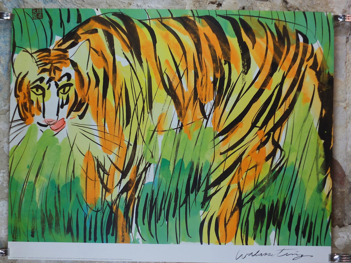 1991 Walasse Ting Poster, Tiger in long grass, colourful popular figuratism, pop art, gallery, wall art decor