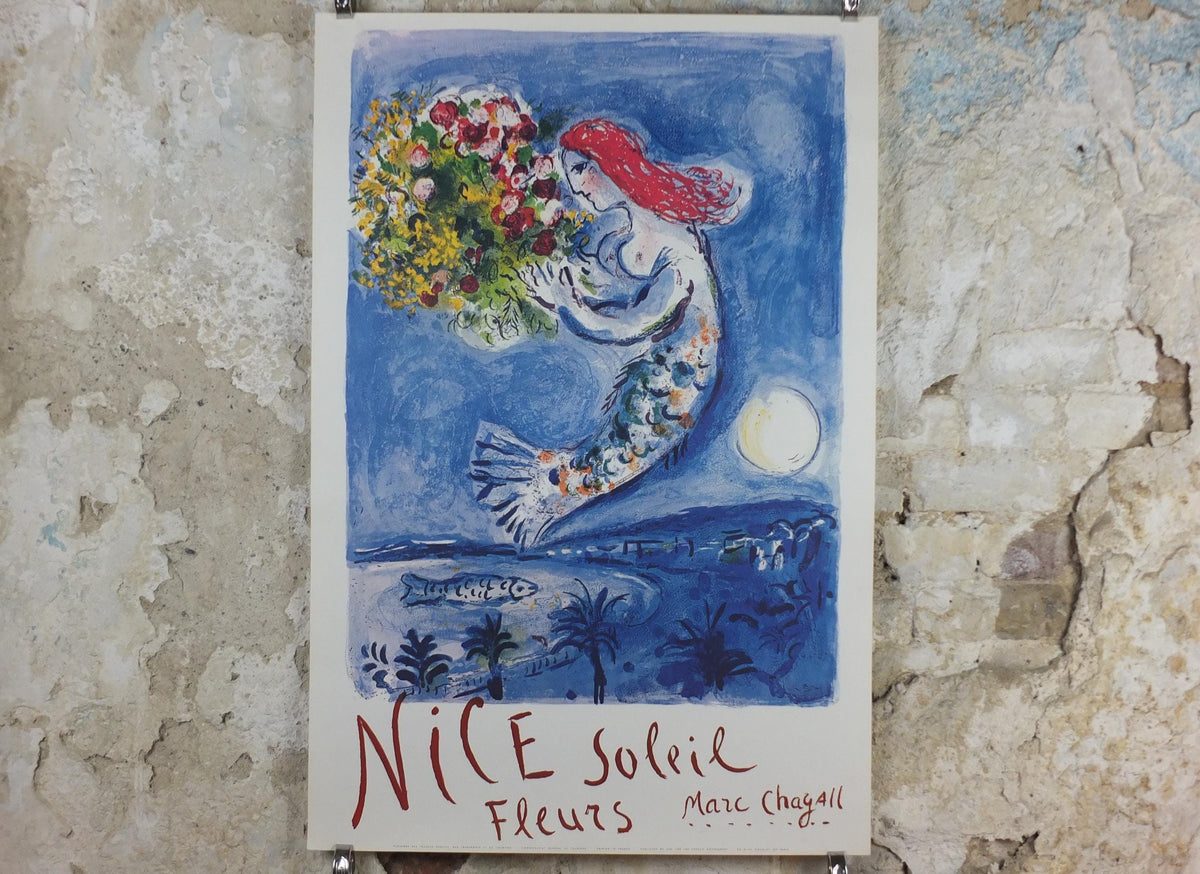1962 Marc Chagall Poster, Nice Soleil Fleurs, La Baie des Anges, The Bay of Angels, Mermaid, Cubism Expressionism, Mourlot, wall art decor