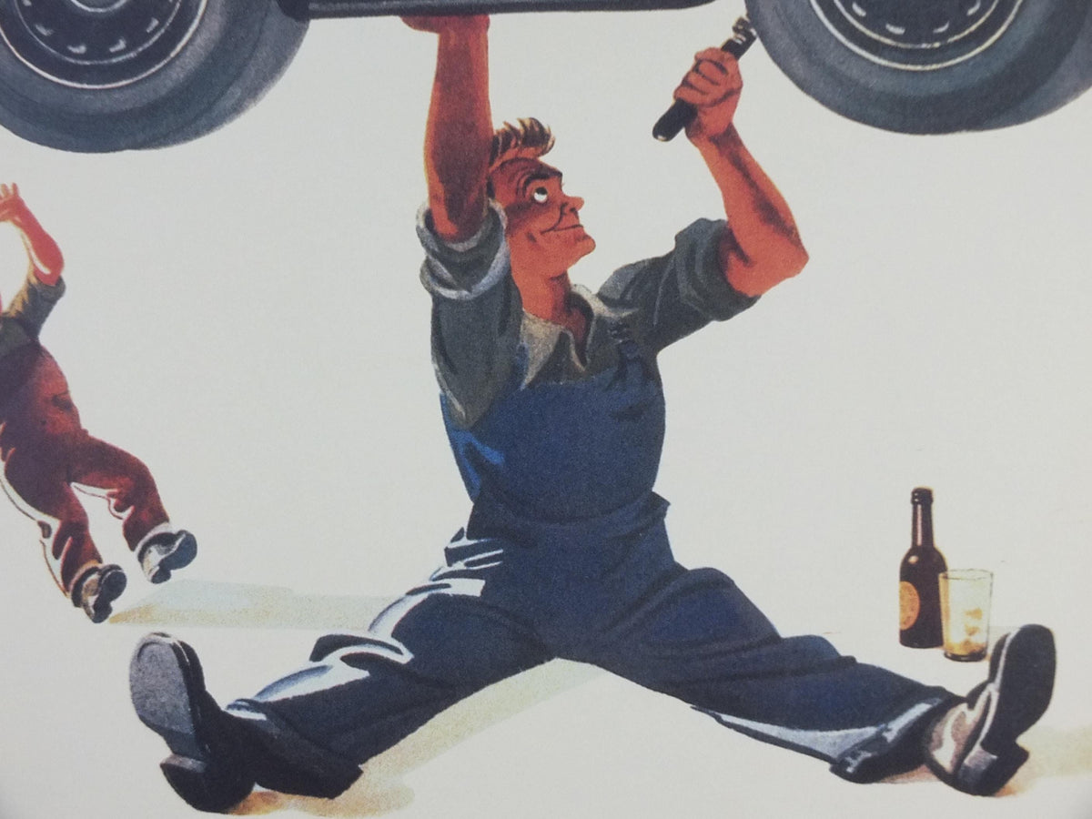 1990s Guinness for Strength Poster, from Guinness Museum, By John Gilroy 1945, mechanic fixing car with a Guinness, Wall art decor