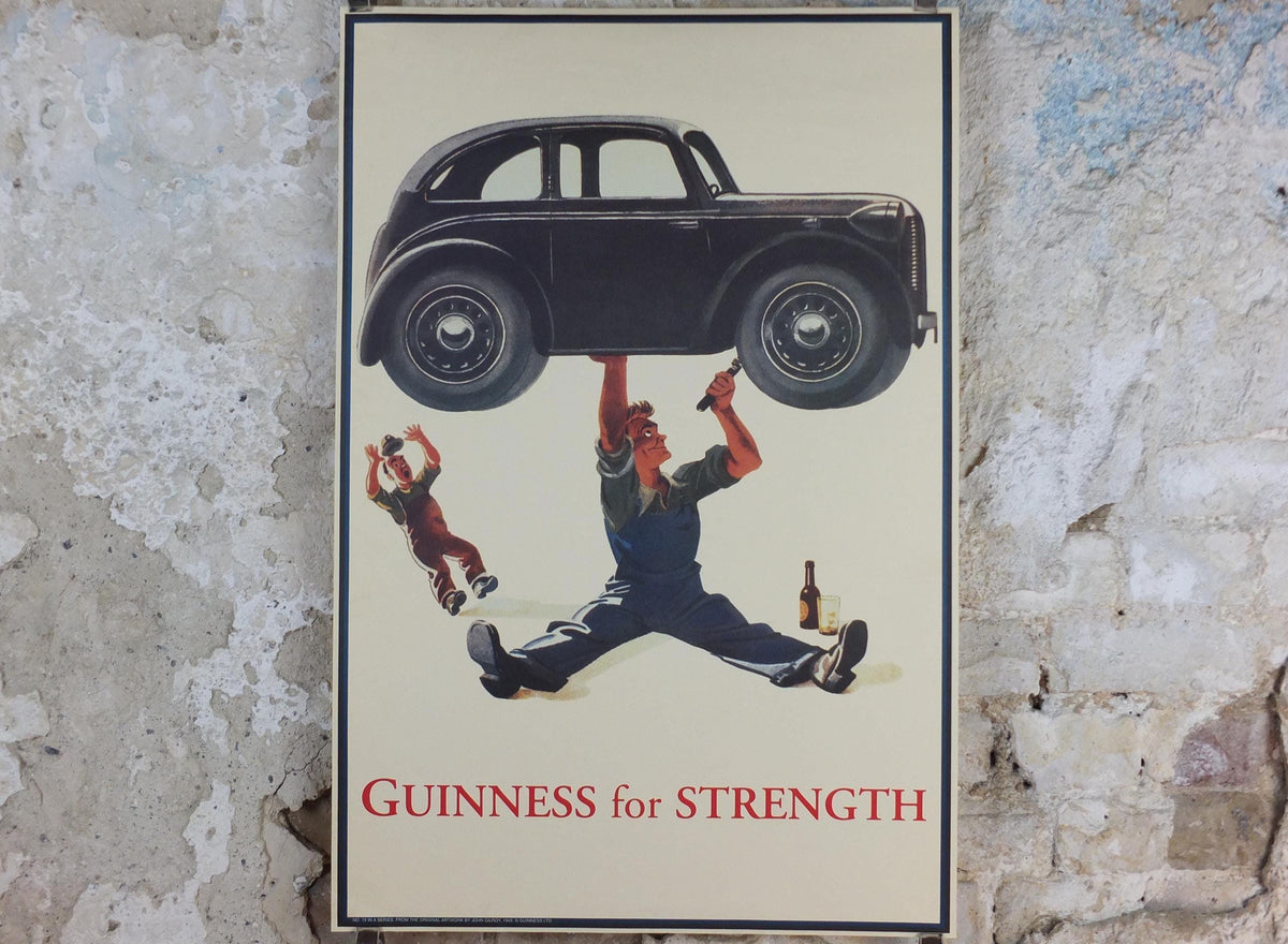 1990s Guinness for Strength Poster, from Guinness Museum, By John Gilroy 1945, mechanic fixing car with a Guinness, Wall art decor