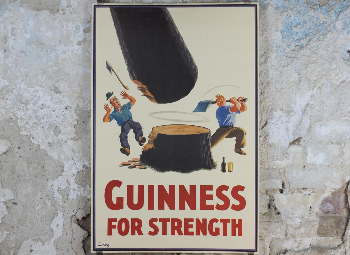 1990s Guinness for Strength Poster, from Guinness Museum, By John Gilroy 1937, lumberjack chopping trees with a Guinness, Wall art decor