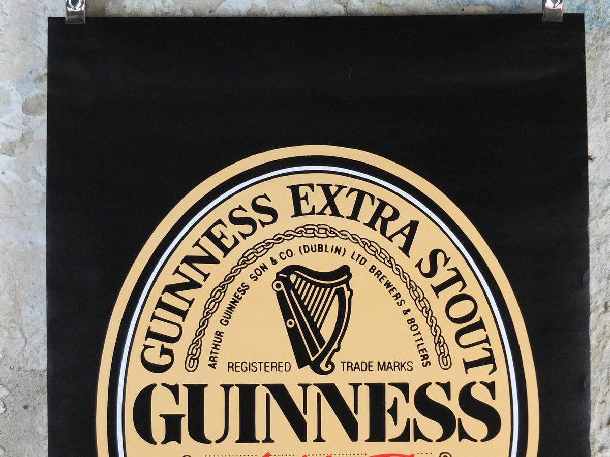 1990s Guinness Poster, 568ml bottle, St James Gate Dublin, Harp, three bottles and glasses, advertising lager beer, wall art decor