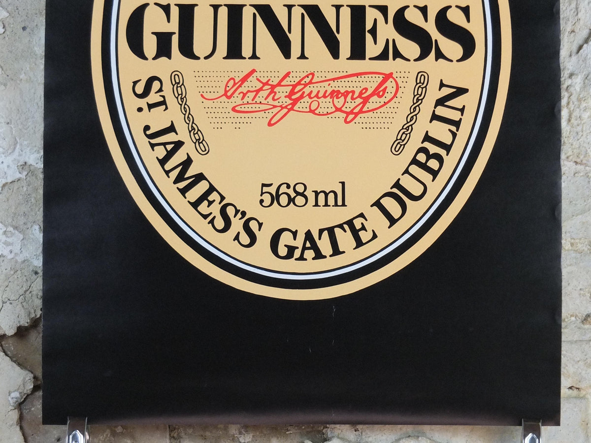 1990s Guinness Poster, 568ml bottle, St James Gate Dublin, Harp, three bottles and glasses, advertising lager beer, wall art decor