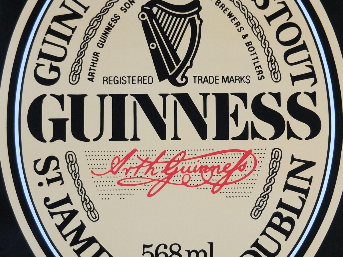1990s Guinness Poster, 568ml bottle, St James Gate Dublin, Harp, three bottles and glasses, advertising lager beer, wall art decor