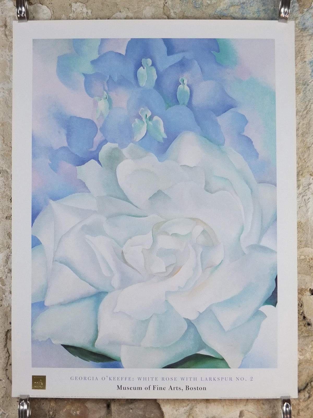 1998 Georgia O'Keeffe Poster, White Rose with Larkspur No 2 1927, American modernism, Precisionism, gallery exhibition wall art decor