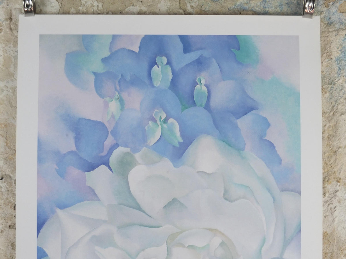 1998 Georgia O'Keeffe Poster, White Rose with Larkspur No 2 1927, American modernism, Precisionism, gallery exhibition wall art decor