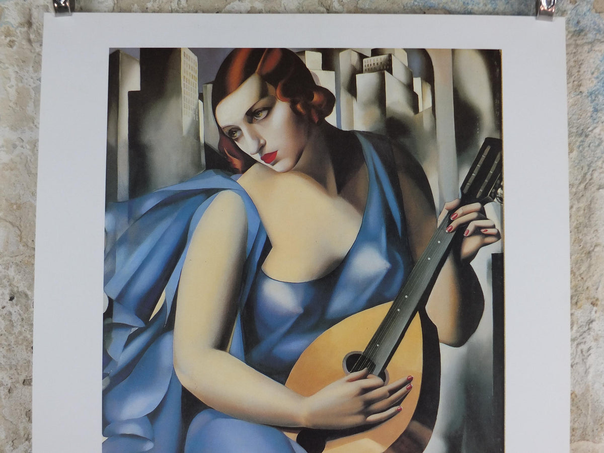 1994 Tamara de Lempicka Poster, Woman in Blue with Guitar 1929, Art Deco Nouveau cubism neoclassical gallery exhibition, wall art decor
