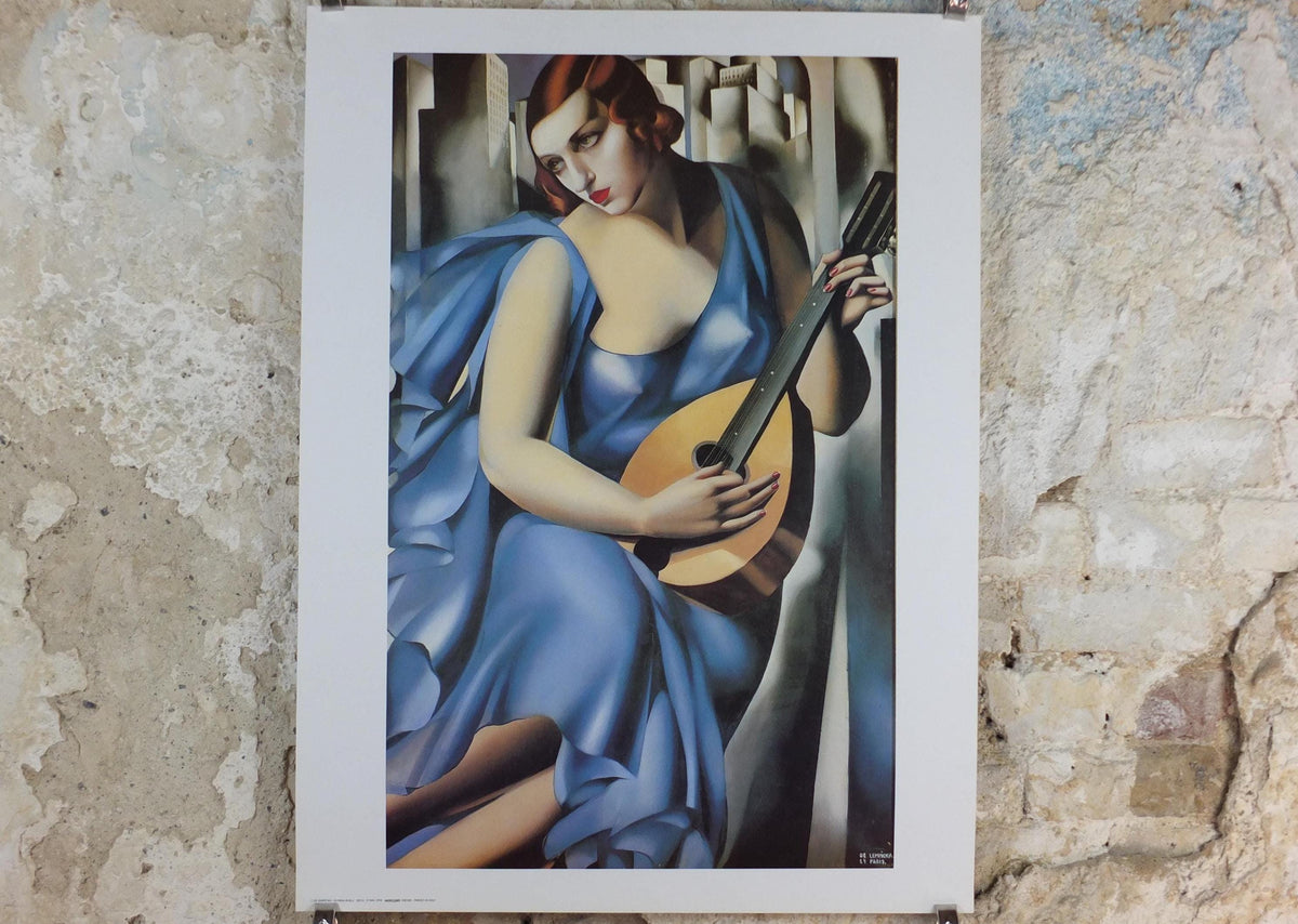 1994 Tamara de Lempicka Poster, Woman in Blue with Guitar 1929, Art Deco Nouveau cubism neoclassical gallery exhibition, wall art decor