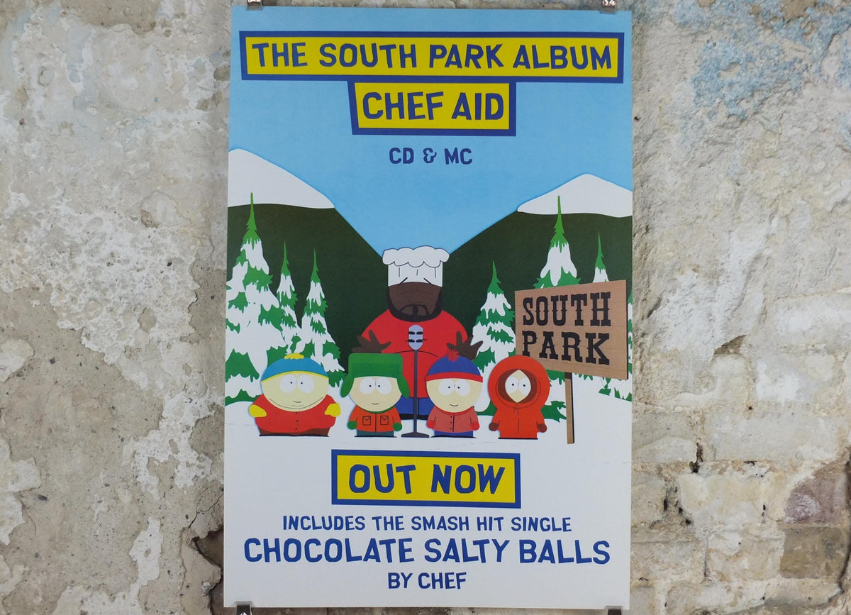 1998 South Park Poster, Chocolate Salty Balls, Chef Aid, Isaac Hayes, Trey Parker and Matt Stone, Cartoon Network, print wall art decor