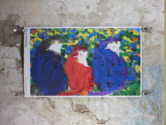 1991 Walasse Ting Poster, Three Cats 1990, blue cat, red cat, blue cat, colourful popular figuratism, pop art, gallery, wall art decor