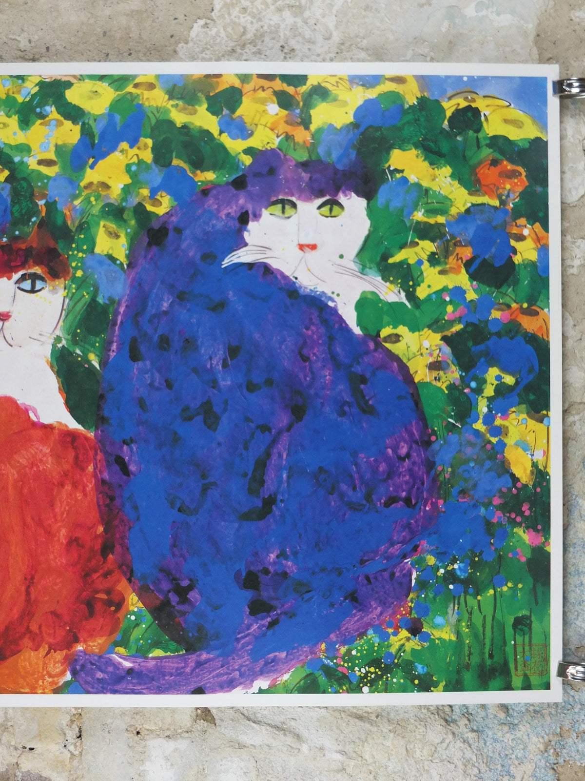 1991 Walasse Ting Poster, Three Cats 1990, blue cat, red cat, blue cat, colourful popular figuratism, pop art, gallery, wall art decor