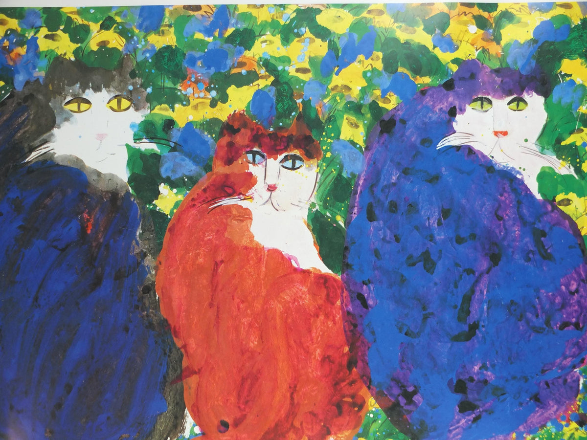 1991 Walasse Ting Poster, Three Cats 1990, blue cat, red cat, blue cat, colourful popular figuratism, pop art, gallery, wall art decor